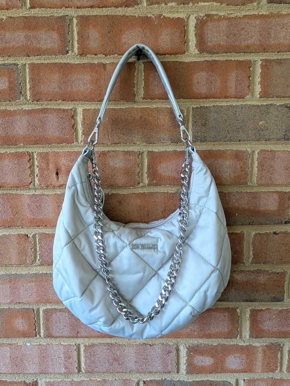 MZ Wallace Madison Frost Gray Silver Quilted Nylon Shoulder Bag Chain Handle